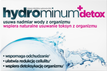 Hydrominum Detox: białe opakowanie suplementu na usunięcie wody i toksyn, z niebiesko-różowym napisem.