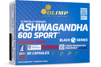 Niebieskie pudełko Olimp Ashwagandha 600 Sport KSM-66, 60 kapsułek, wspierające wytrzymałość, ujęcie z przodu.