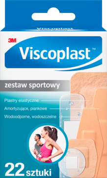 Viscoplast Zestaw Sportowy, front opakowania z niebieskim logo i 22 elastycznymi, wodoodpornymi plastrami.