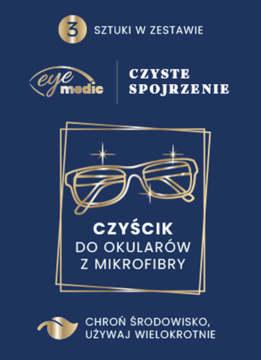 Niebieskie opakowanie eye medic z 3 czyścikami z mikrofibry do okularów, z lśniącą, złotą grafiką okularów.