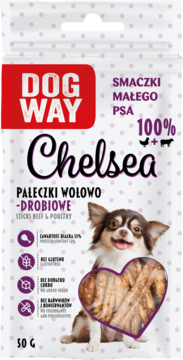 Biało-fioletowa torebka DogWay Chelsea, smaczki wołowo-drobiowe dla małego psa, 53% białka, bez glutenu, widok z przodu.