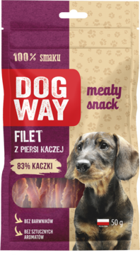 DogWay przysmak Filet z piersi kaczki 50g, dwukolorowe opakowanie z psem, 83% kaczki, widok z przodu.