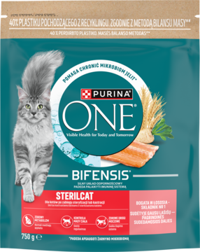 Purina ONE Sterilcat 750g karma dla kotów sterylizowanych, z łososiem, w opakowaniu z recyklingu, widok z przodu.