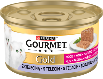 Purina Gourmet Gold, delikatny mus dla kociąt z cielęciną, w złotej puszce, widok z przodu.