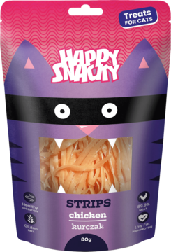 HAPPY SNACKY ,przysmak dla kota, w formie podłużnych miękkich pasków z kurczaka,przód