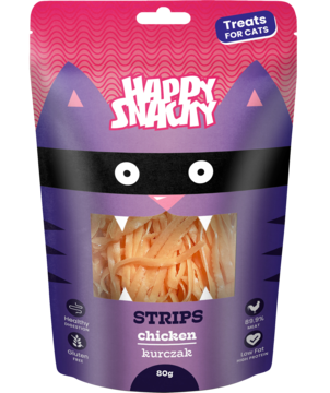 Happy Snacky Mini paski z kurczaka 80g, fioletowe przysmaki dla kota w saszetce z kocim pyszczkiem, widok z przodu.