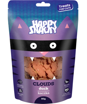 Happy Snacky Chmurki z kaczki, przysmak dla kota. Fioletowe opakowanie w kształcie kota z okienkiem na mięsne filety, widok z przodu.