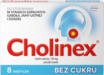 CHOLINEX ,pastylki do ssania na ból gardła, bez cukru,przód