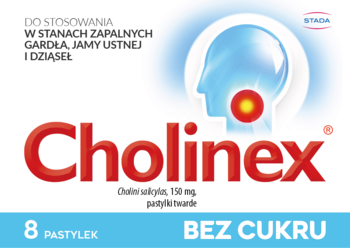 Cholinex, 8 pastylek bez cukru, na stany zapalne gardła. Biało-niebieskie opakowanie, widok z przodu.