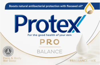 Białe opakowanie mydła Protex PRO Balance z niebieskim logo, z naturalnym olejem lnianym. Widok z przodu.