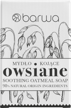 Barwa kojące mydło owsiane w biało-szarym opakowaniu z ilustracją owsa. Widok z przodu, 98% naturalne.