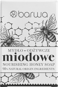 Barwa Miodowe odżywcze mydło w kostce, białe opakowanie z ilustracjami pszczół i plastra miodu, widok z przodu.