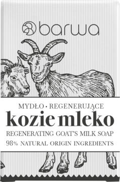 Front opakowania mydła Barwa Kozie Mleko: białe tło, rysunek kóz, napis "Regenerujące", 98% naturalne.