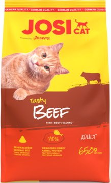 Sucha karma JosiCat Tasty Beef dla kotów, worek 650g, brązowo-żółty z rudym kotem i wołem, widok z przodu.