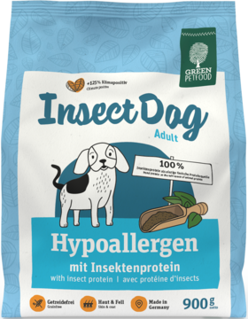 Jasnozielona karma dla psa Green Petfood Insect Dog Hypoallergen z białkiem owadów, 900g, widok z przodu.