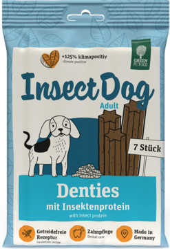 Jasnoniebieska torebka InsectDog Denties dla psów, dentystyczne przysmaki z białkiem owadów.