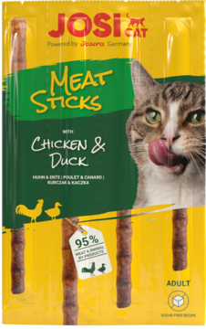 Front view of JosiCat Meat Sticks, chicken & duck cat treats in yellow/green packaging with visible brown sticks.