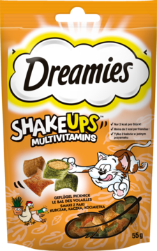 Opakowanie Dreamies Shakeups Multivitamins dla kotów. Pomarańczowa paczka z obrazkiem kota, smaki kurczak, kaczka, kocimiętka, 55g.