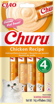 Ciao Churu Chicken Recipe, kremowy przysmak dla kota w pomarańczowym opakowaniu z wizerunkiem białego kota i sosem.