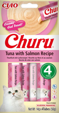 Różowe pudełko Churu Tuna Salmon Creamy Cat Treat z 4 tubkami, na froncie biały kot, widok z przodu.