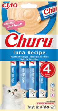 Żółto-niebieskie opakowanie CIAO Churu Tuna Recipe, kremowe przysmaki dla kota w 4 tubkach, z białym kotem.