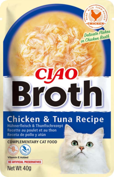 Saszetka karmy dla kota Ciao Broth Chicken & Tuna 40g, biała z niebieskim paskiem, kurczak w rosole, kot.