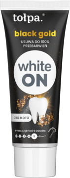 Tołpa Black Gold White ON pasta w czarnej tubce. Wybiela zęby, zawiera 22K złoto. Widok z przodu.