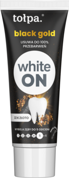 Tołpa Black Gold White ON wybielająca pasta do zębów, czarna tuba z złotym i białym napisem, widok z przodu.