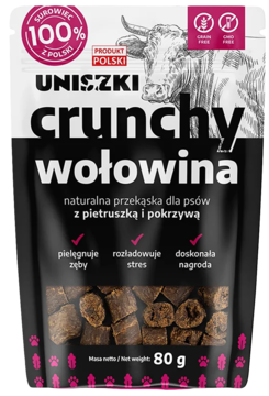 UNISZKI Crunchy Wołowina,karma uzupełniająca dla psów, naturalna, z pietruszką i pokrzywą,przód