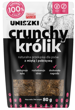UNISZKI Crunchy Królik,karma uzupełniająca dla psów, naturalna, z miętą i pokrzywą,przód