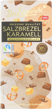 Czekolada Das Exquisite Salzbrezel Karamell Milchschokolade, beżowo-brązowe front opakowania.