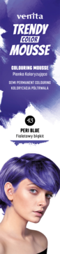 Opakowanie Venita Trendy Color Mousse 43 Peri Blue, pianka do włosów, z modelką o fioletowych włosach.