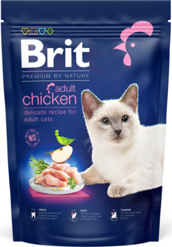 Granatowa karma Brit Premium Cat Adult Chicken dla dorosłych kotów, z wizerunkiem białego kota i kurczaka, widok z przodu.