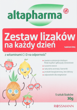 Altapharma zestaw lizaków z wit. C i D na odporność, białe opakowanie z uśmiechniętymi owocami, widok z przodu.