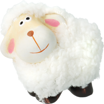 Biała ceramiczna figurka baranka wielkanocnego, 4,5 cm, z puszystym wykończeniem, różowymi uszami i uśmiechem.