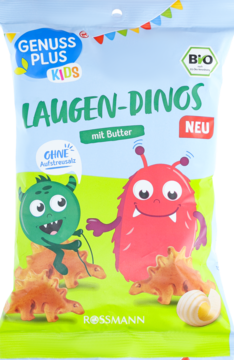 Front opakowania Genuss PLUS KIDS LAUGEN-DINOS z masłem. Jasnozielona torebka z preclami dinozaurami i potworkami.