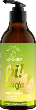 OnlyBio Pistacja żel pod prysznic z olejem, brązowa butelka z pompką, zielono-żółta etykieta, widok z przodu.