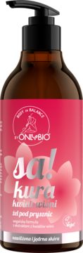 OnlyBio Sakura żel pod prysznic, brązowa butelka z czarną pompką i różową etykietą z kwiatem wiśni.