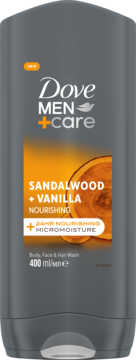 Męski żel pod prysznic Dove Men+Care Sandalwood+Vanilla, 400ml, odżywczy, ciemnoszara butelka, widok z przodu.