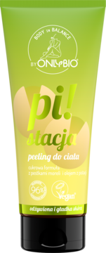 OnlyBio Pistacja peeling do ciała, zielono-żółta tubka z cukrową formułą i olejem z pistacji, widok z przodu.