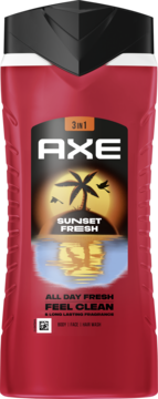 Czerwony żel AXE Sunset Fresh 3w1, widok z przodu, czarna nakrętka, etykieta z palmą i zachodem słońca.