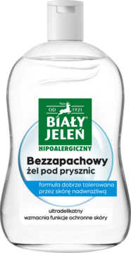 Biały Jeleń Bezzapachowy żel pod prysznic w przezroczystej butelce z białą nakrętką i zieloną etykietą, widok z przodu.