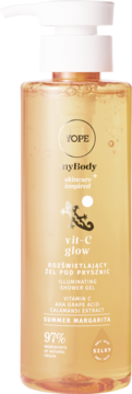 Yope myBody Vit-C glow rozświetlający żel pod prysznic Summer Margarita w bursztynowej butelce, z przodu.