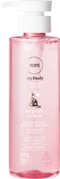 Yope myBody Peptide Renew regenerujący żel pod prysznic Pink Sugar, różowa butelka z białym dozownikiem, widok z przodu.