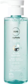 Yope Hyalu Hydrate żel pod prysznic Blue Coconut, błękitna butelka z pompką, widok z przodu.