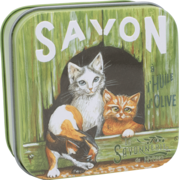 LA SAVONNERIE DE NYONS ,mydło perfumowane w puszce, Kwiat bawełny, Koty różne wzory,przód