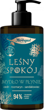Herbapol Leśny spokój mydło w płynie, cedr, rozmaryn, sandałowiec, ciemna butelka z pompką, turkusowa etykieta.
