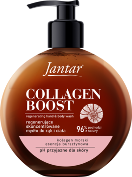 Jantar Collagen Boost regenerujące mydło do rąk i ciała z kolagenem morskim, brązowa butelka z pompką, przód.