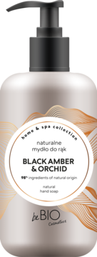 Naturalne mydło do rąk beBIO Black Amber & Orchid Home & Spa, jasna butelka z pompką, widok z przodu.