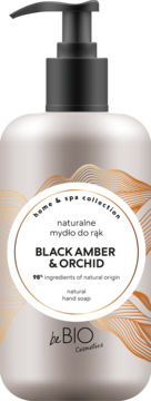Naturalne mydło do rąk beBIO Black Amber & Orchid Home & Spa, jasna butelka z pompką, widok z przodu.